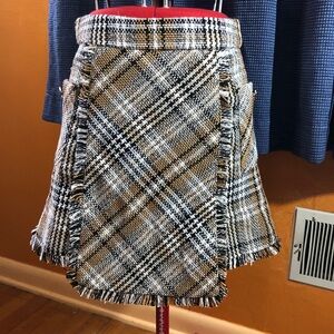 Pink Lily Wool Blend Tweed Skirt Fringed Plaid A-Line Skirt Side Pockets